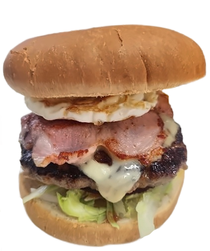 Burger LOT topped with bacon, egg and melted cheese.